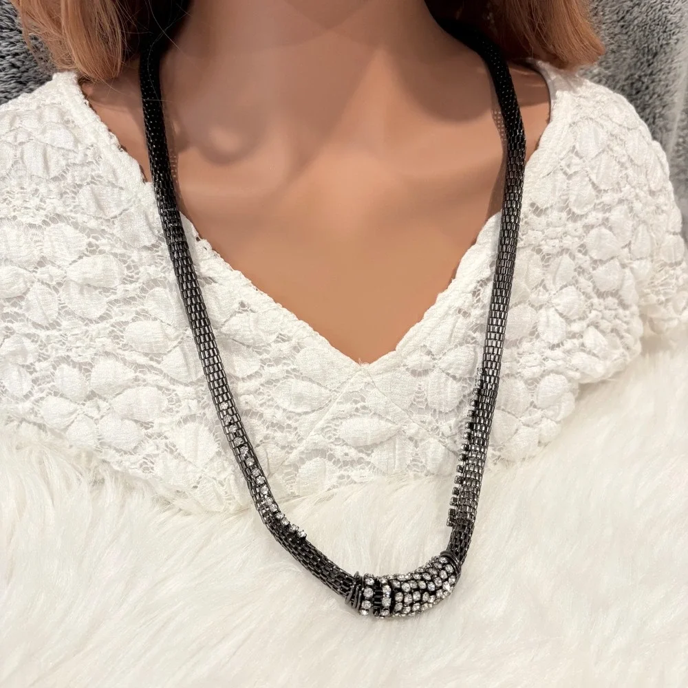 Chicos‎ Necklace Gunmetal Mesh Rhinestone Sparkle Goth Edgy Grunge Cyber 20659